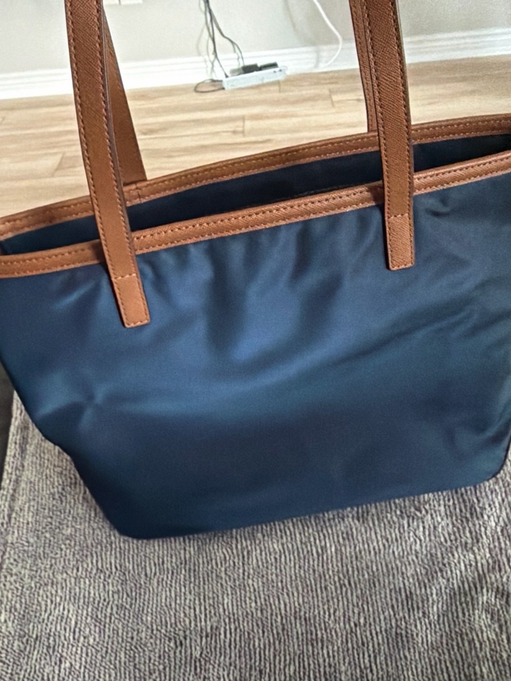 Michael Kors Navy Nylon Tote with Brown Leather Trim - Picture 3 of 4
